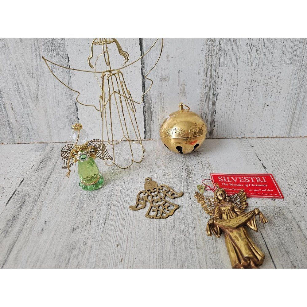 Vintage brass angel cherub ornament bell‎ set Xmas tree